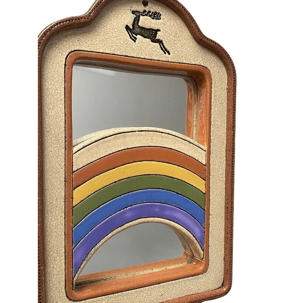 Unique Handmade Boho Wall Mirror Stone, Rainbow, Deer Stamped Wall Decor 9 7/8 T